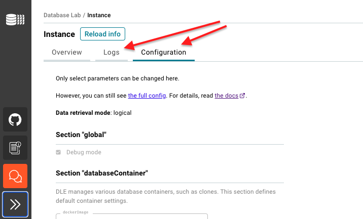 DLE UI new tabs: Logs and Configuration