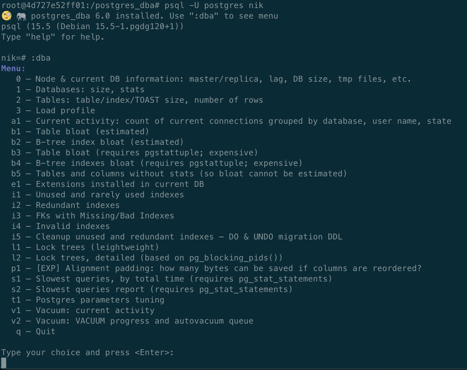 postgres_dba menu support