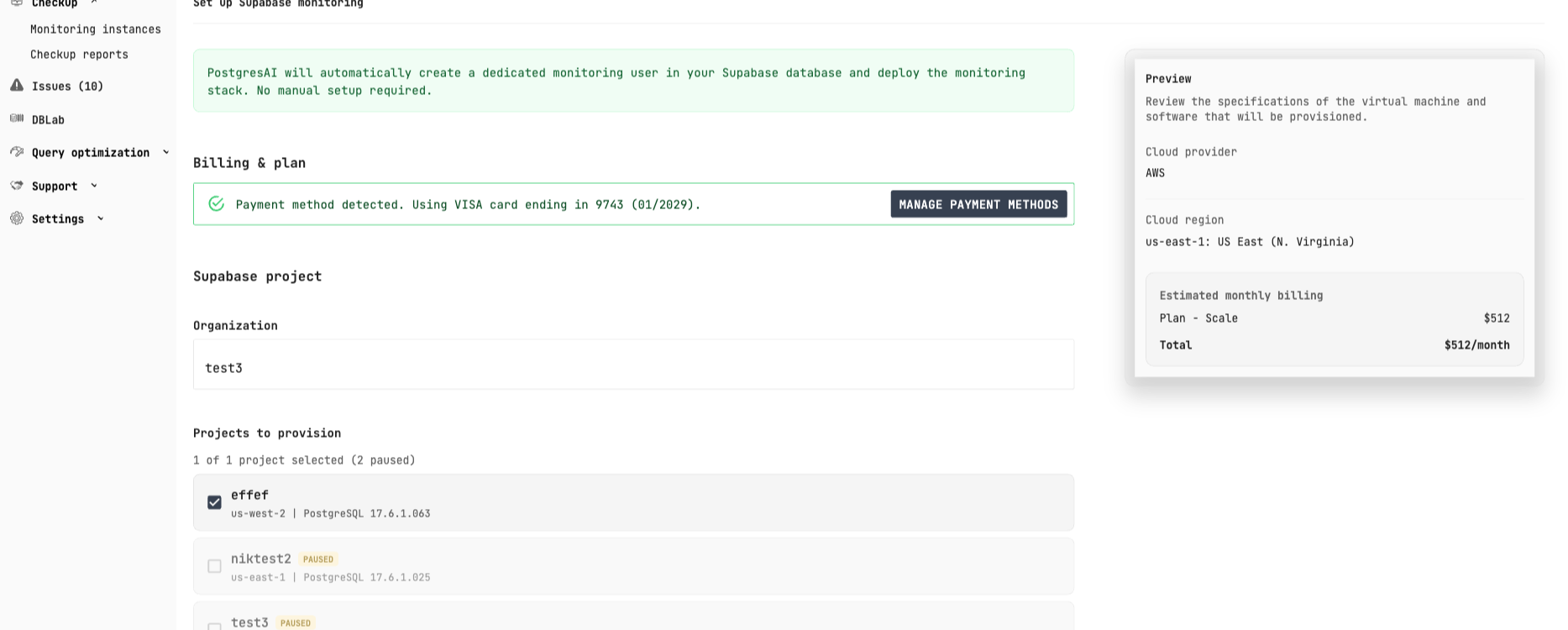 Supabase project selection