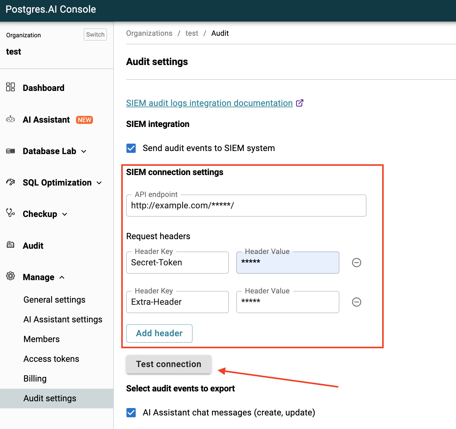 Audit logs page / Configure SIEM connection settings