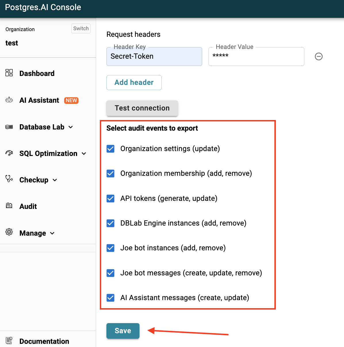 Audit logs page / Configure what to forward and save