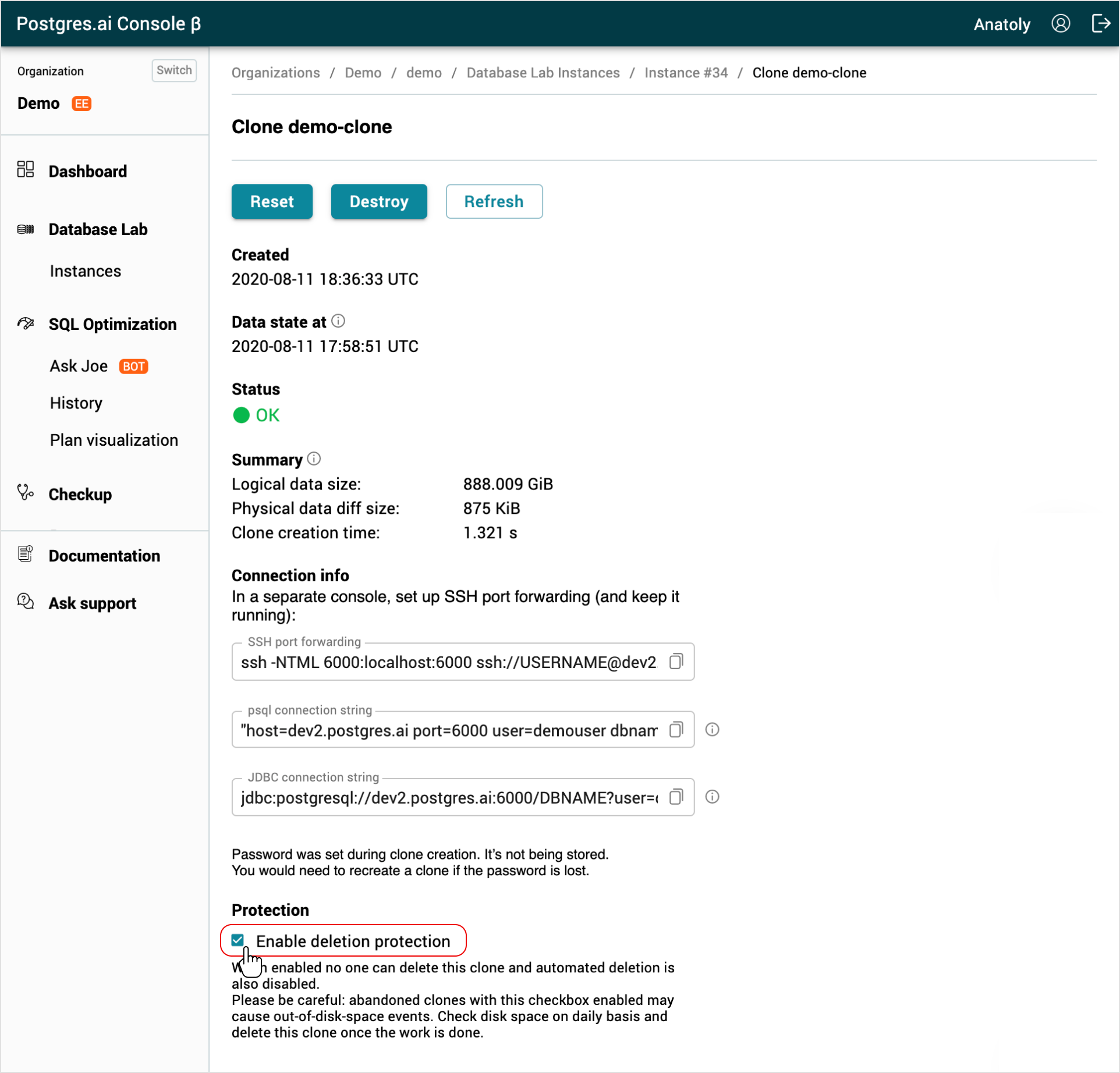 Database Lab engine page / Create clone