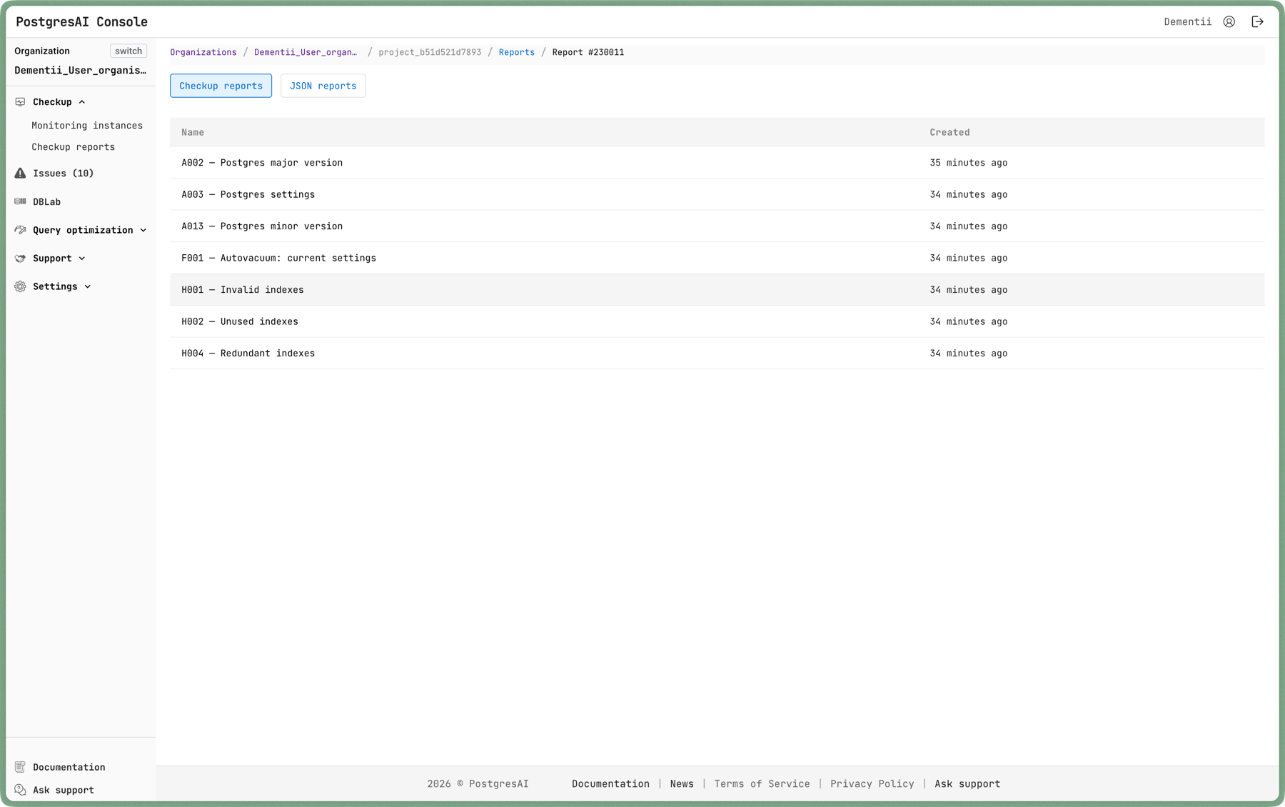 Checkup report in PostgresAI Console