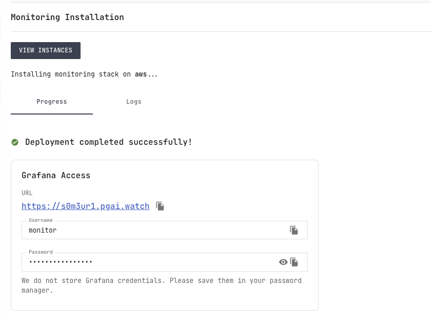 PostgresAI Console: Deployment completed successfully and Grafana access details
