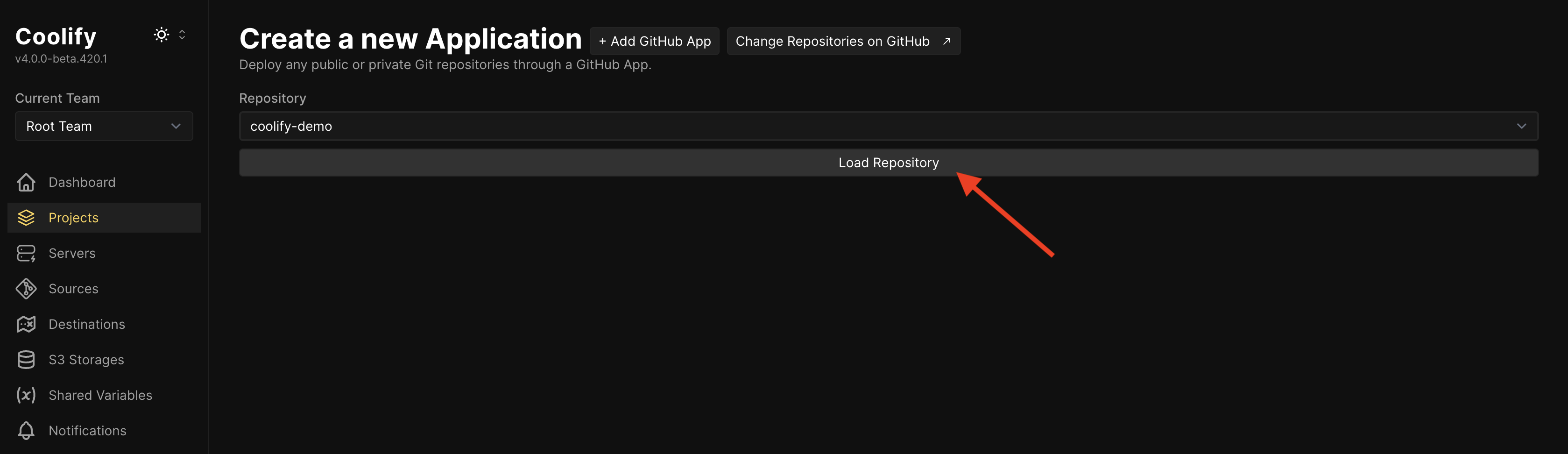 Coolify application creation page