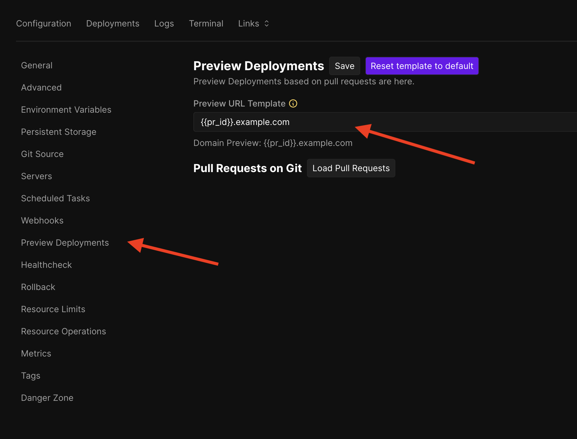 Coolify preview deployment settings