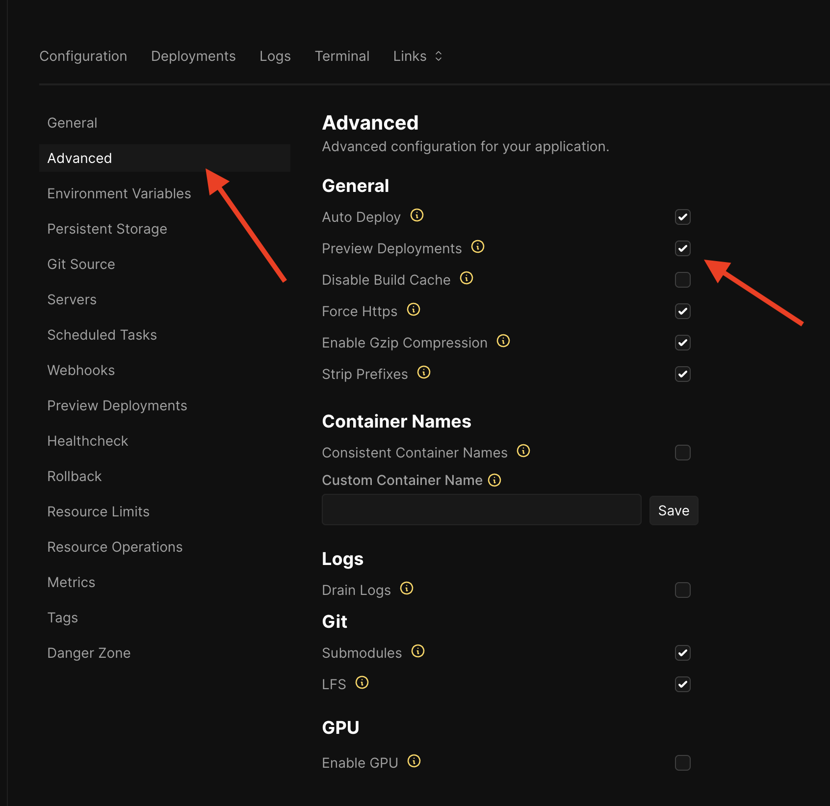 Coolify preview deployment settings