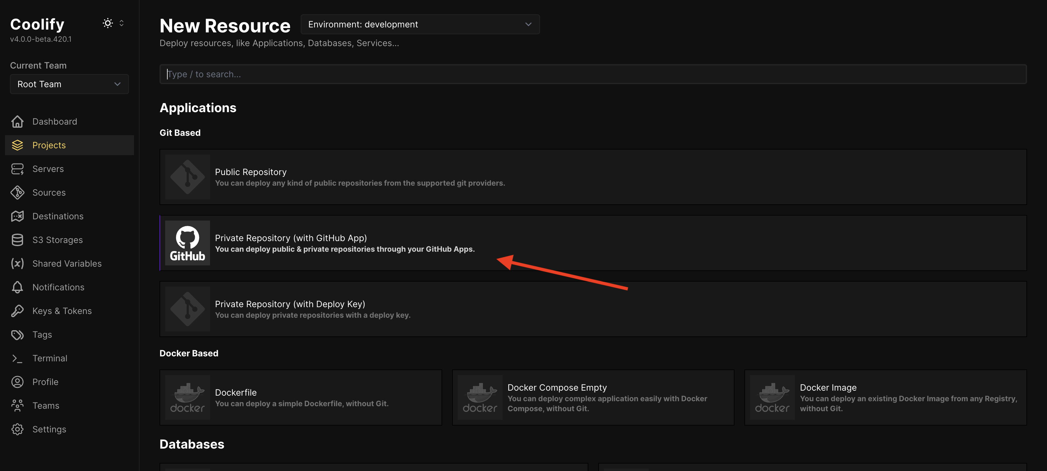 Coolify repository type selection