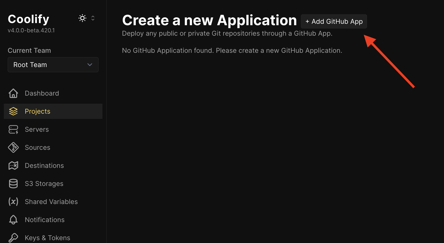 Coolify GitHub app creation page