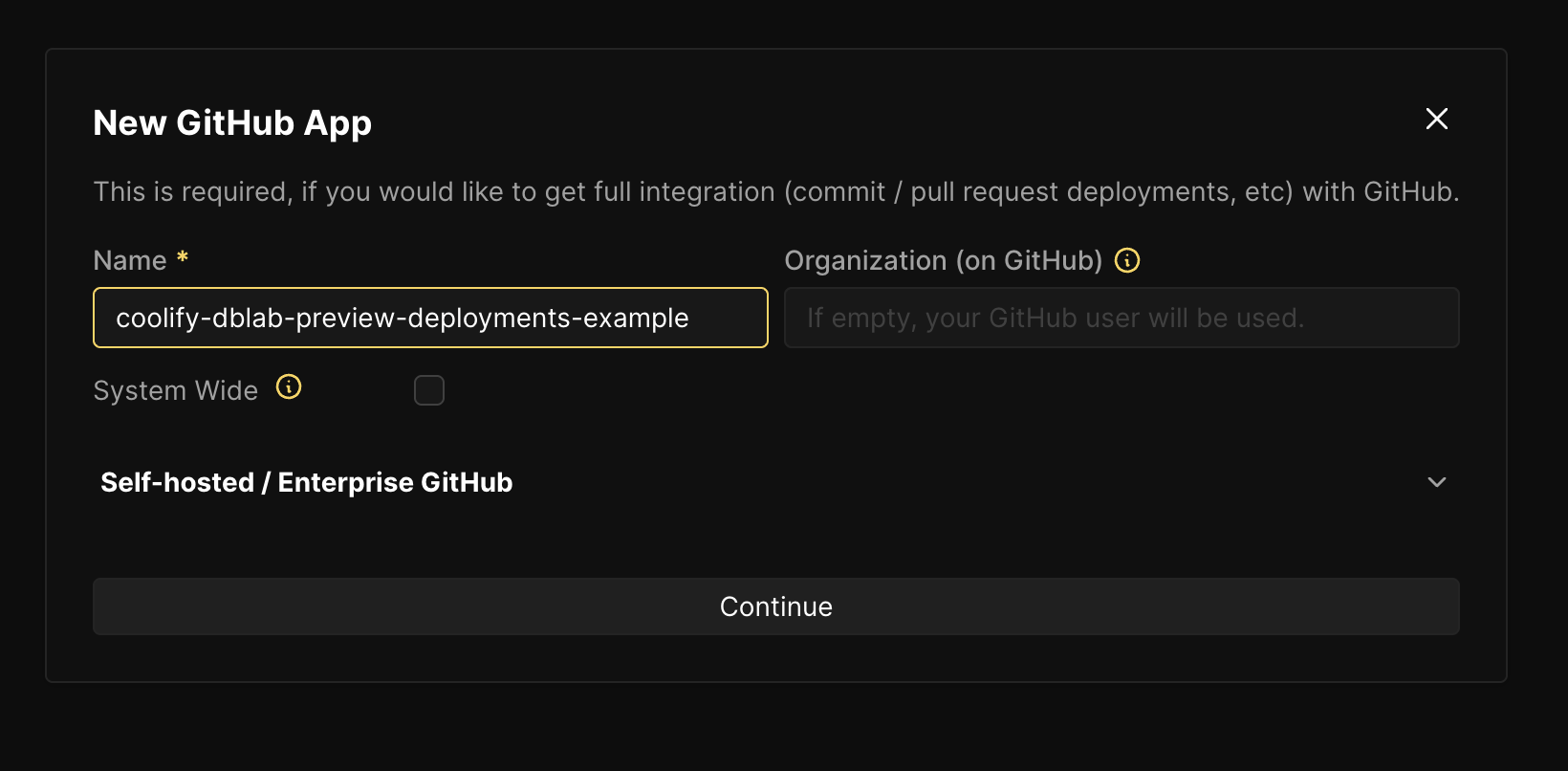 Coolify GitHub app creation page