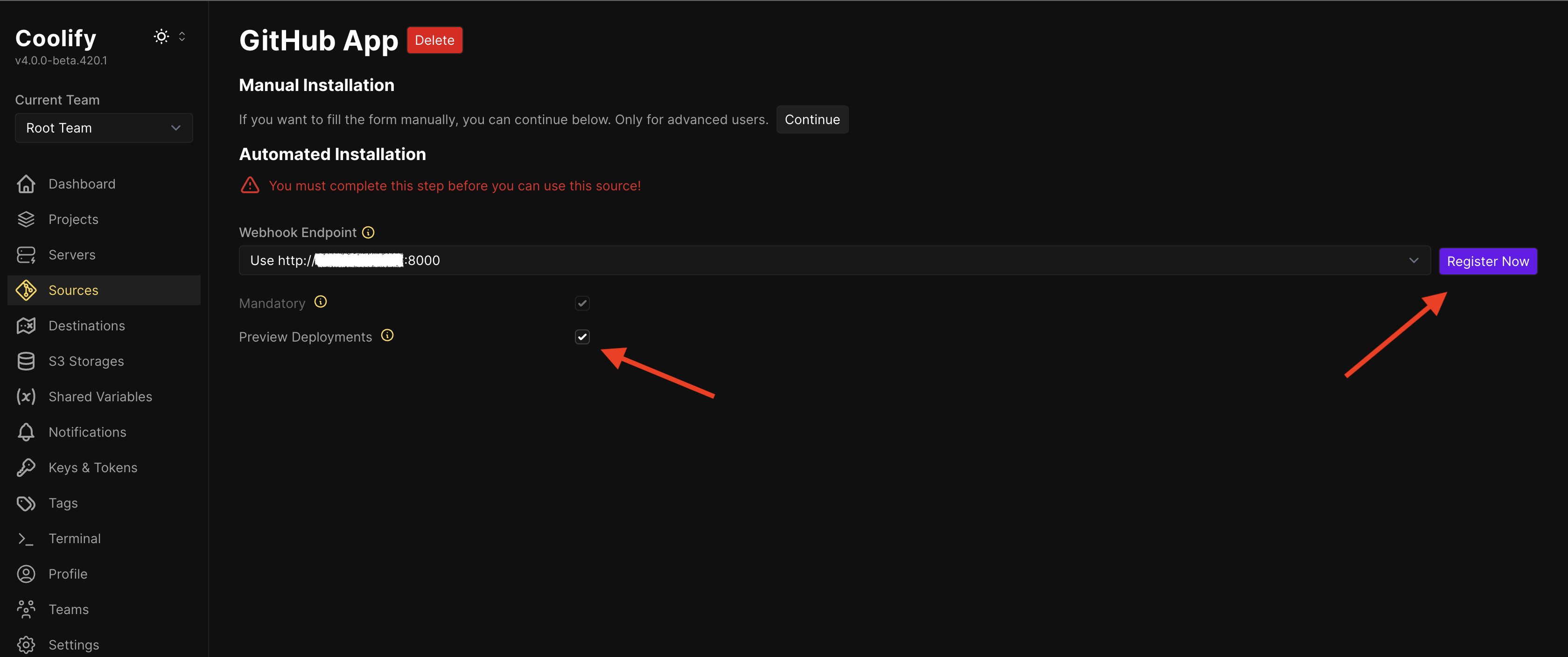 Coolify GitHub app creation page