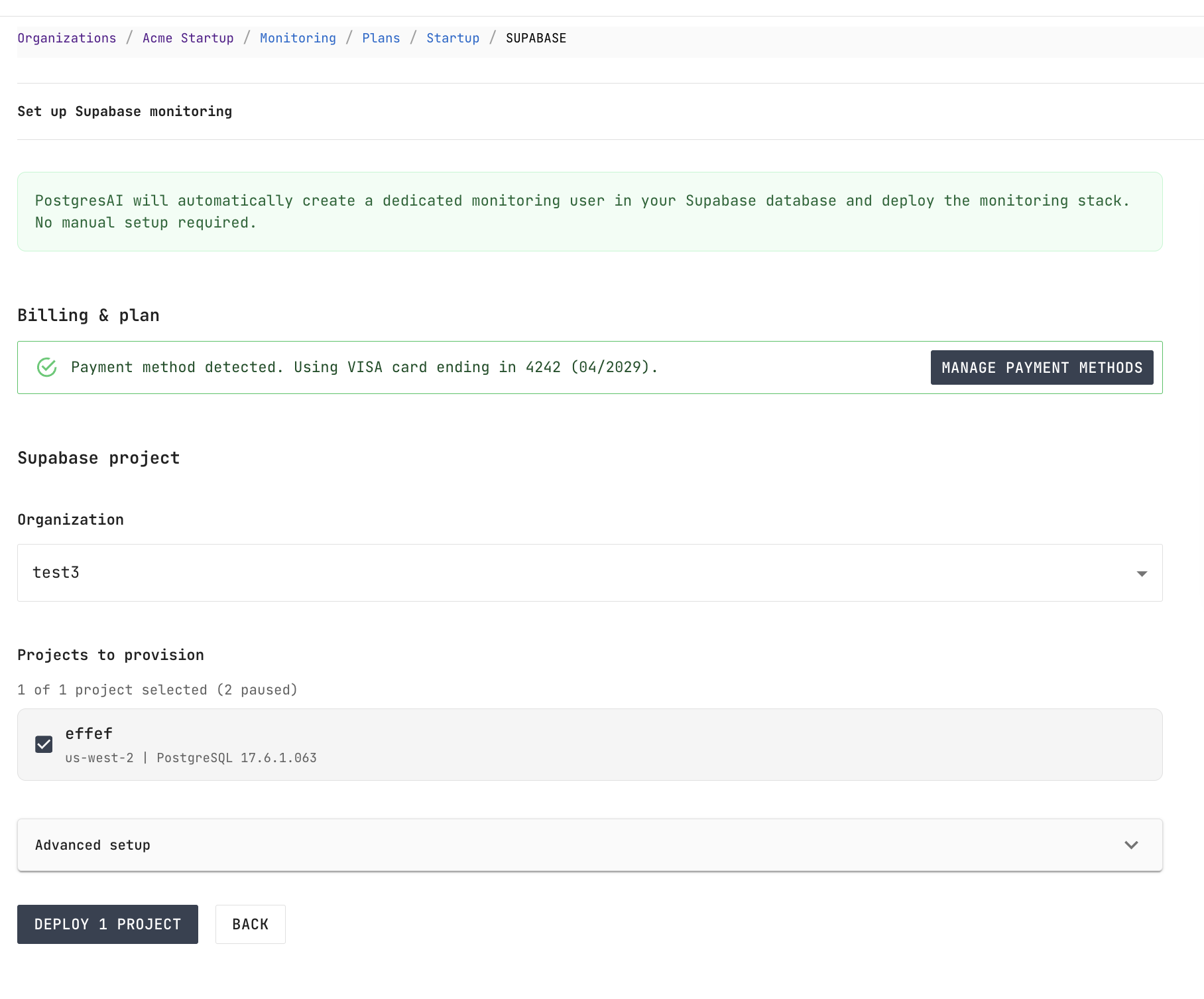 Set up Supabase monitoring: billing, organization, and project selection