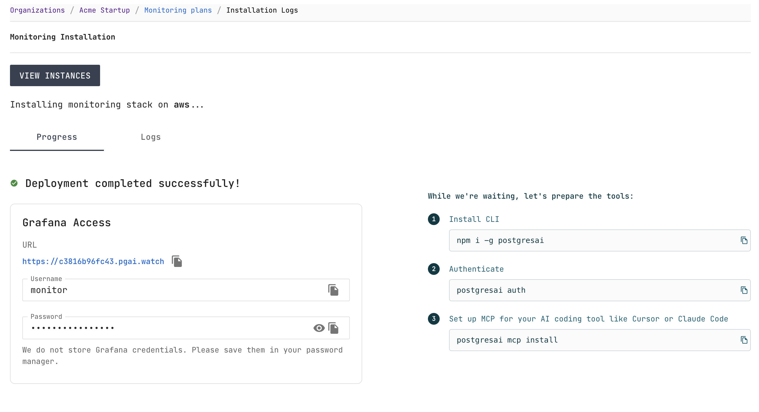 Deployment completed: Grafana access details with URL, username, and password