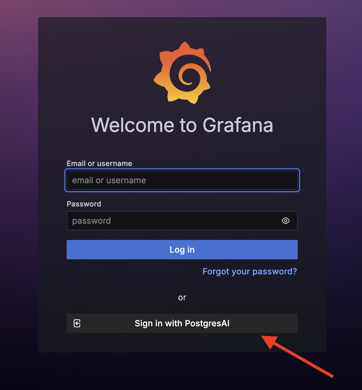 Grafana login page with Sign in with PostgresAI button