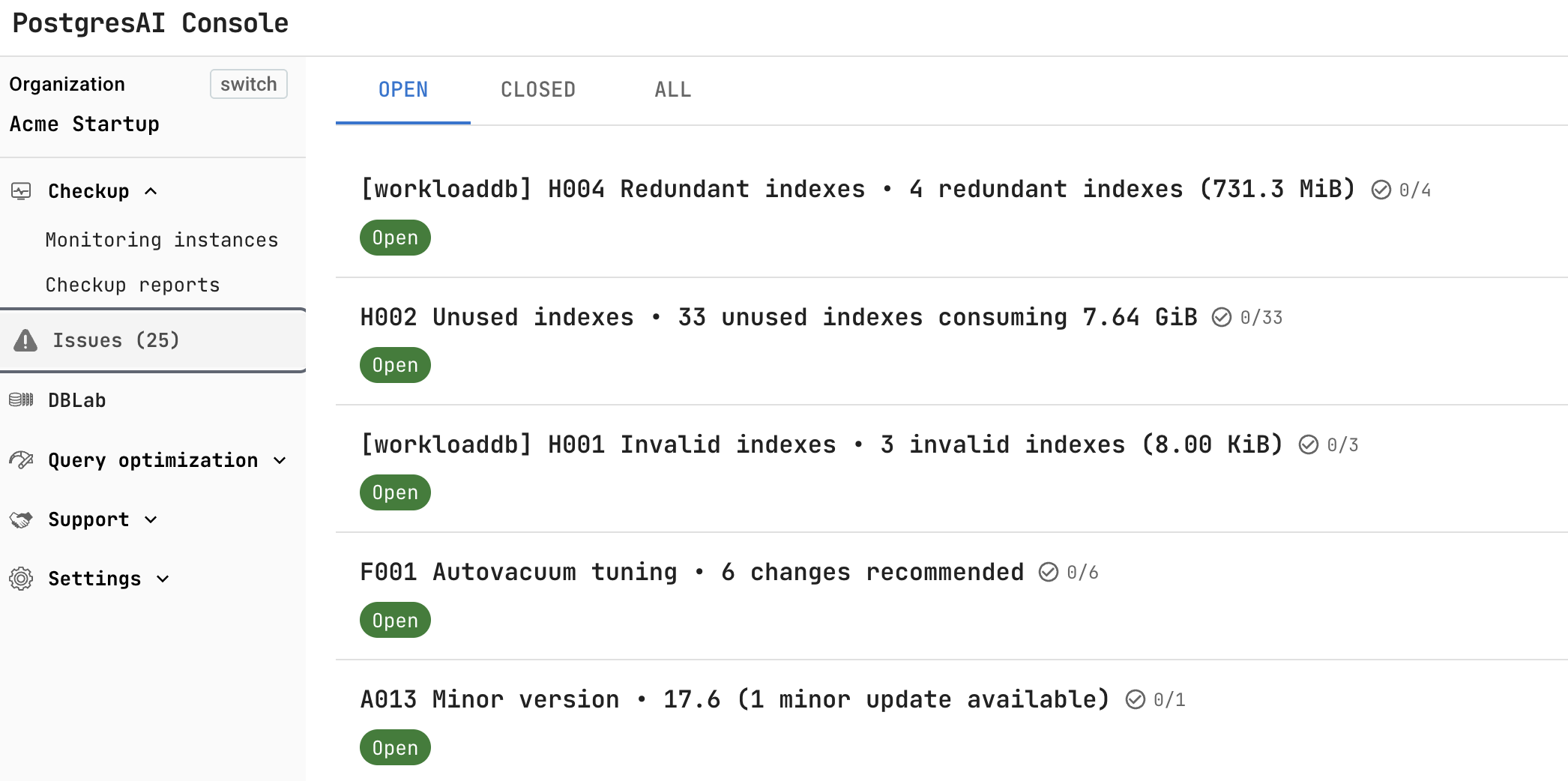 PostgresAI Console: Issues page with auto-generated reports