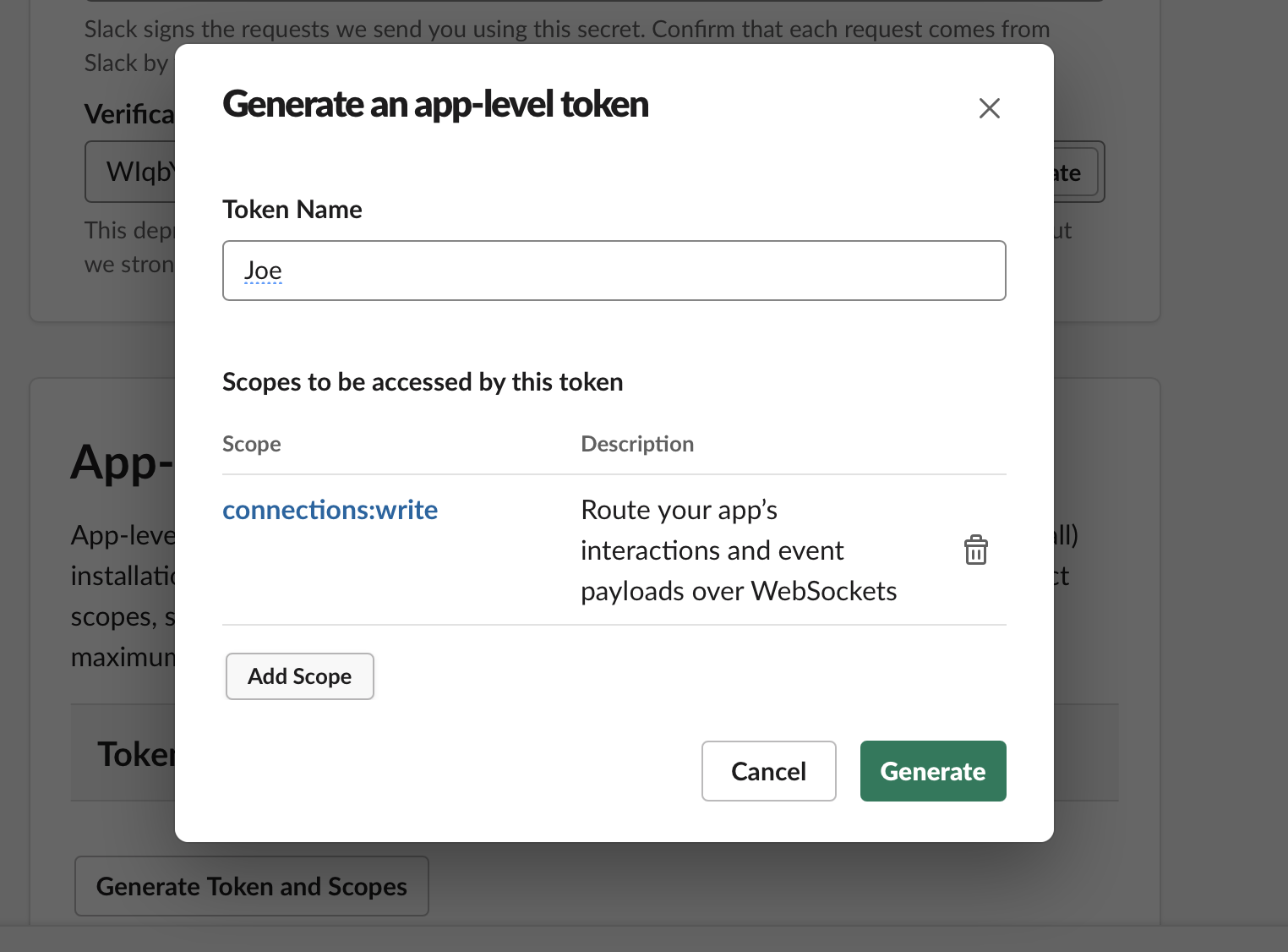 Slack App - App Level Token and Scopes